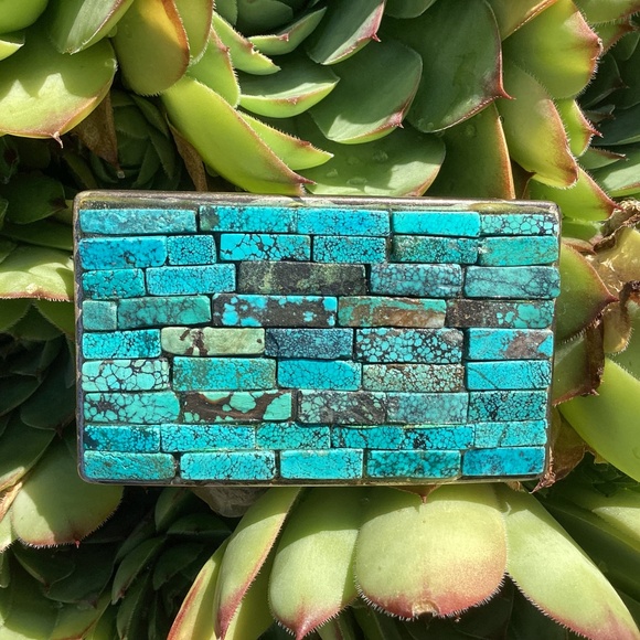 Artisan Made African Turquoise Jasper Inlay Metal Belt Buckle - Picture 6 of 7